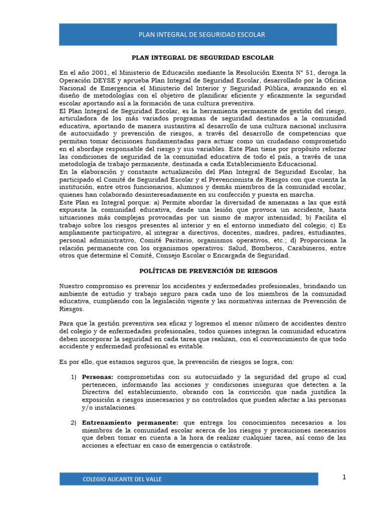 Alivalle Plan Integral de Seguridad Escolar Marzo2019 Compressed | PDF ...