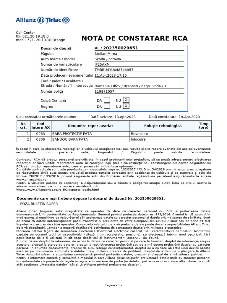 Nota Constatare Skoda | PDF