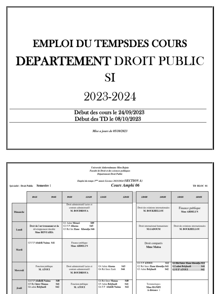 Emploi du temps Droit Public 2023-2024 | PDF