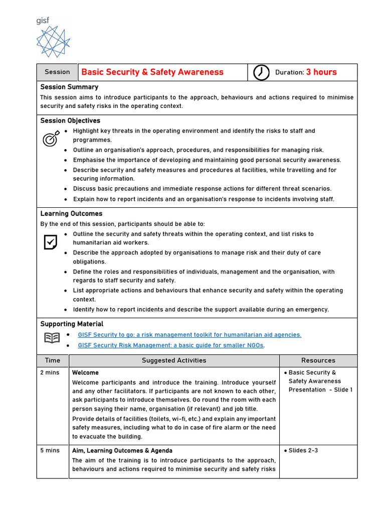 Basic Security Safety Awareness Session Plan PDF Risk Securities