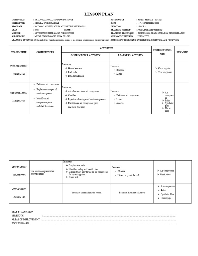 Automotive Mechanics Lesson Plan | PDF | Learning | Lesson Plan