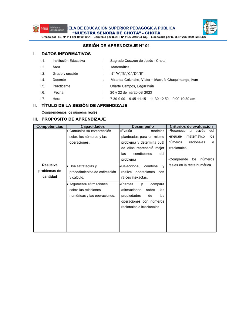 Sesión de Aprendizaje Números Reales Cuarto Grado | PDF