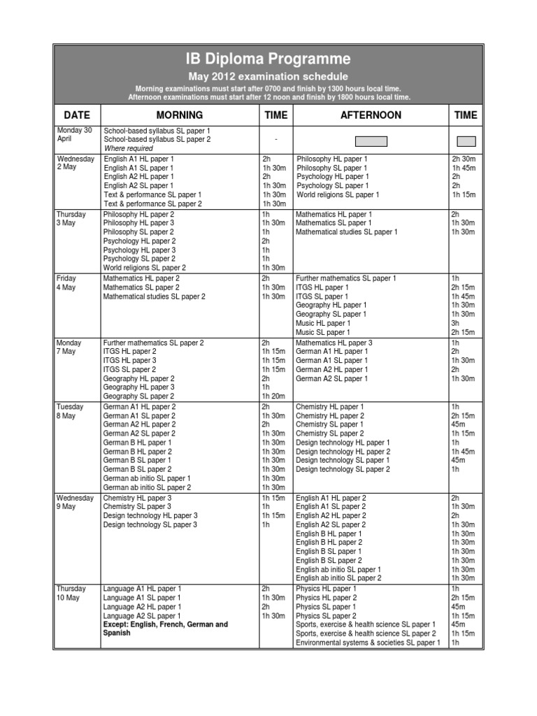 IB May 2012 Exam Schedule | PDF | Academia | Science