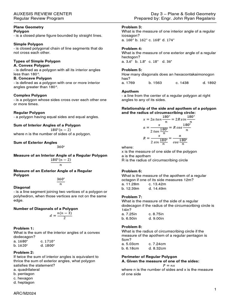 Plane & Solid Geometry Review Guide | PDF | Area | Polygon