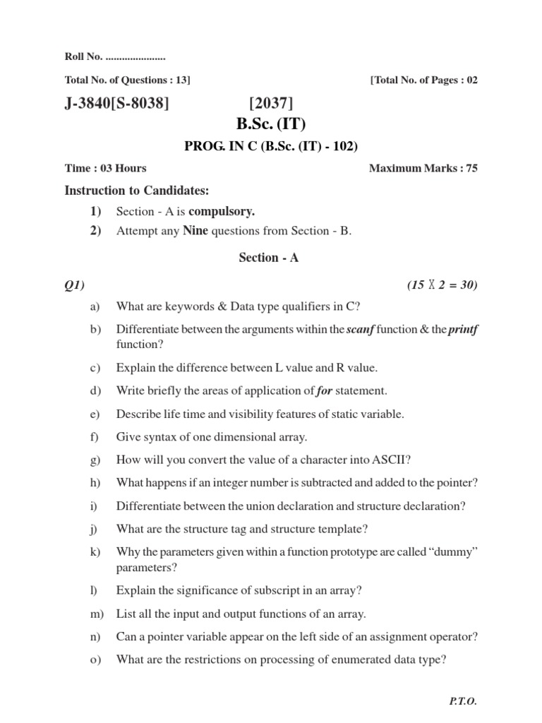 B.Sc. IT C Programming Exam Questions | PDF | C (Programming Language ...
