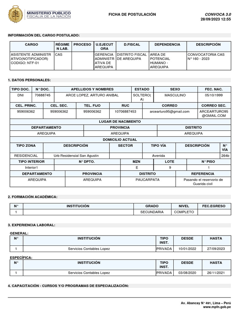Ficha de Postulación Asistente Administrativo | PDF