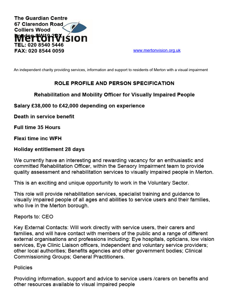 JD Rehabilitation and Mobility Officer For Visually Impaired People Feb 2022 PDF Visual