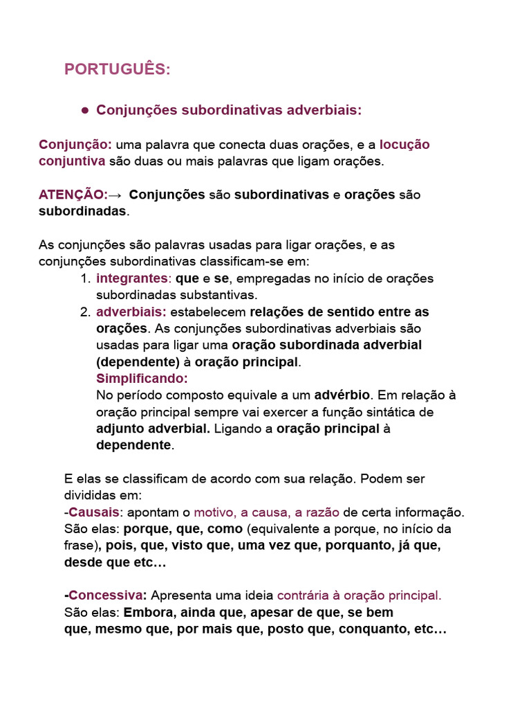 Conjunções Subordinativas Adverbiais | PDF | Mecânica da linguagem ...