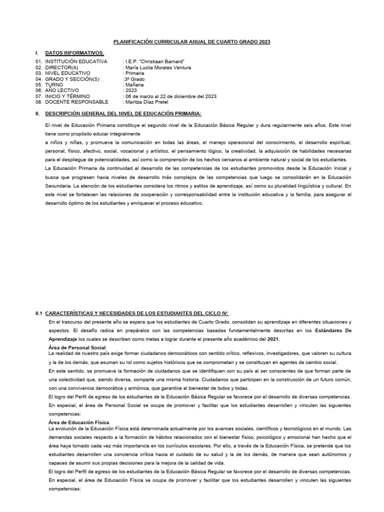 Planificacion Anual de Cuarto Grado 2023 | PDF | Aprendizaje ...