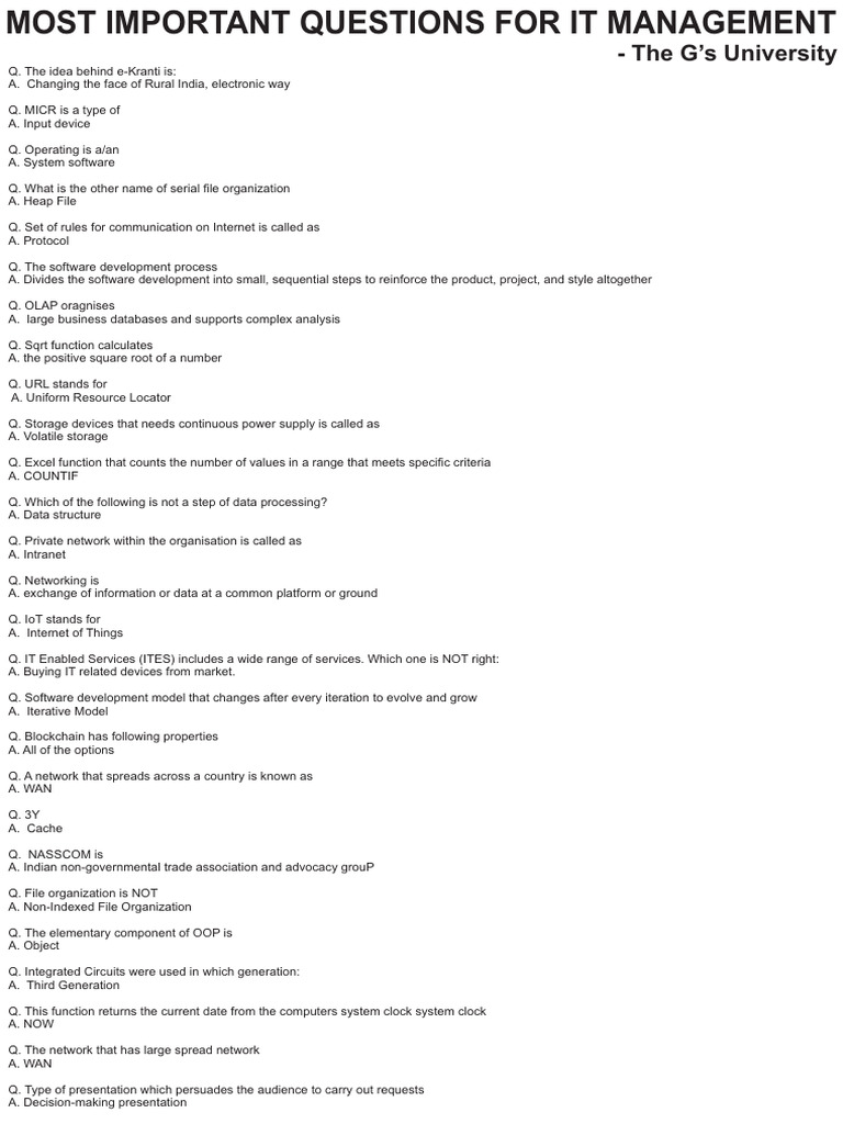 IT MANAGEMENT Important Questions | PDF | Databases | Software