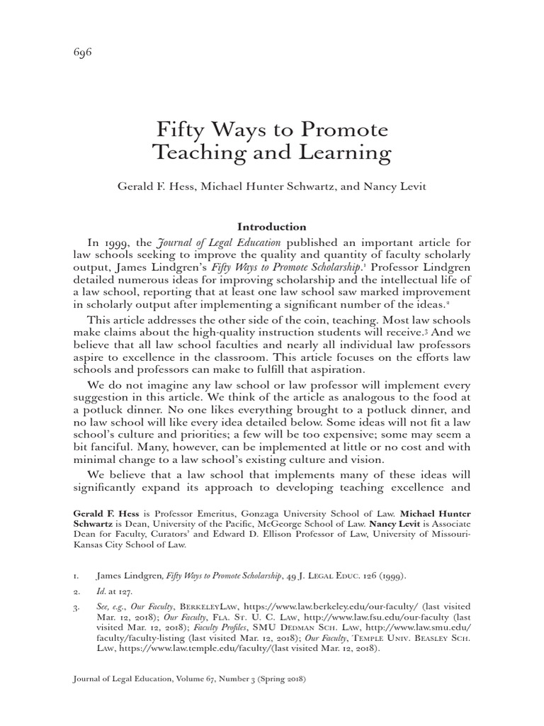Fifty Ways To Promote Teaching and Learning by Gerald F. Hess Mi | PDF