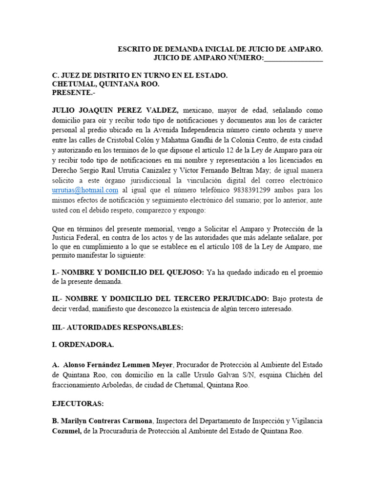 Demanda de Amparo por Clausura Ambiental | PDF | Mandato | Caso de ley