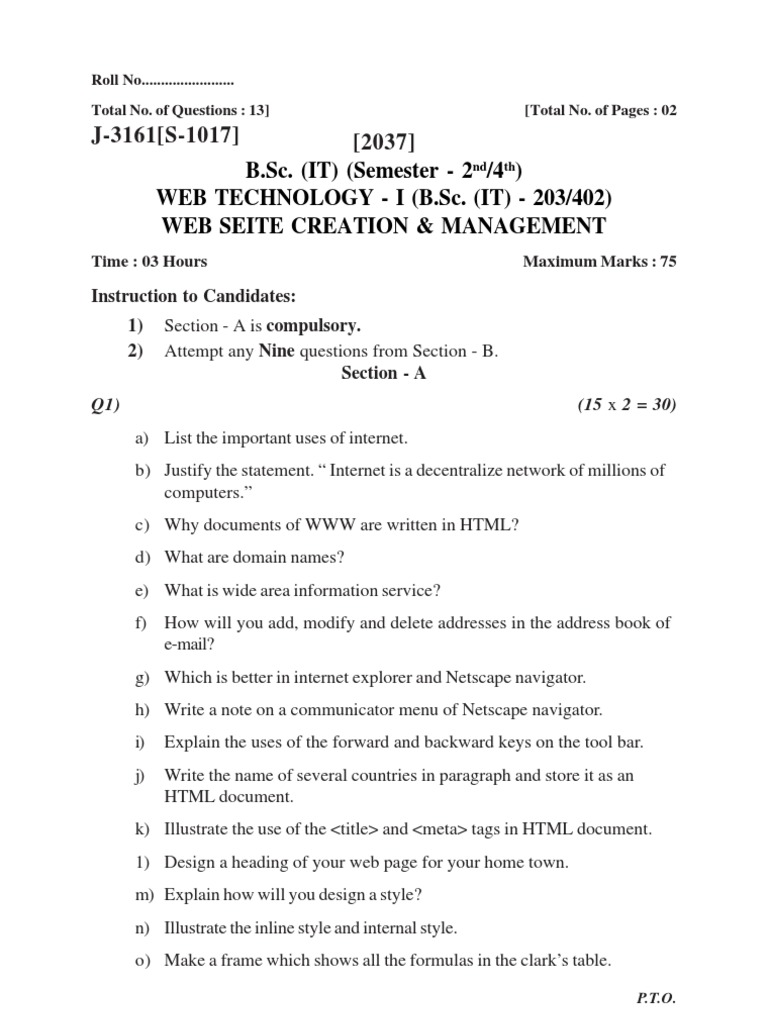 Web Technology Exam Paper for B.Sc. IT | PDF | World Wide Web ...