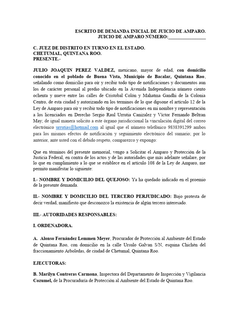 Escrito de Demanda Inicial de Juicio de Amparo | PDF | Mandato | Caso ...