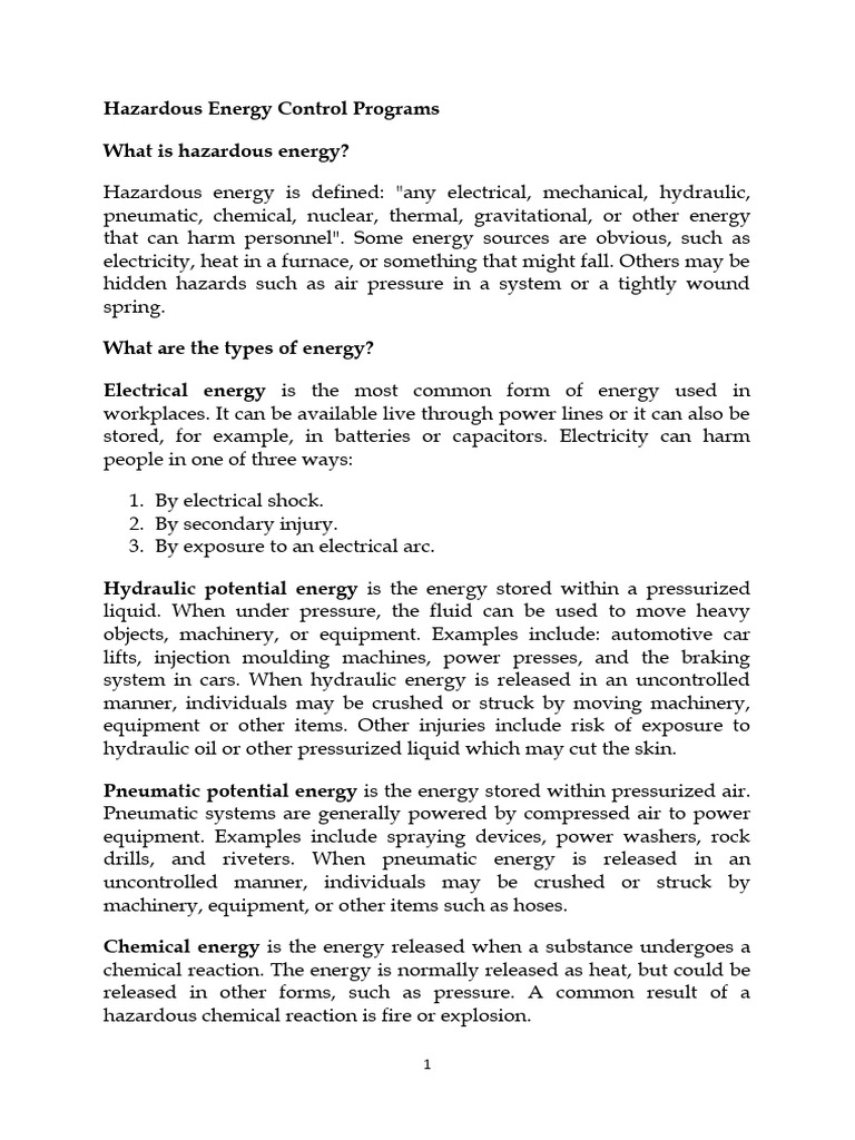 Hazardous Energy Control Programs PDF