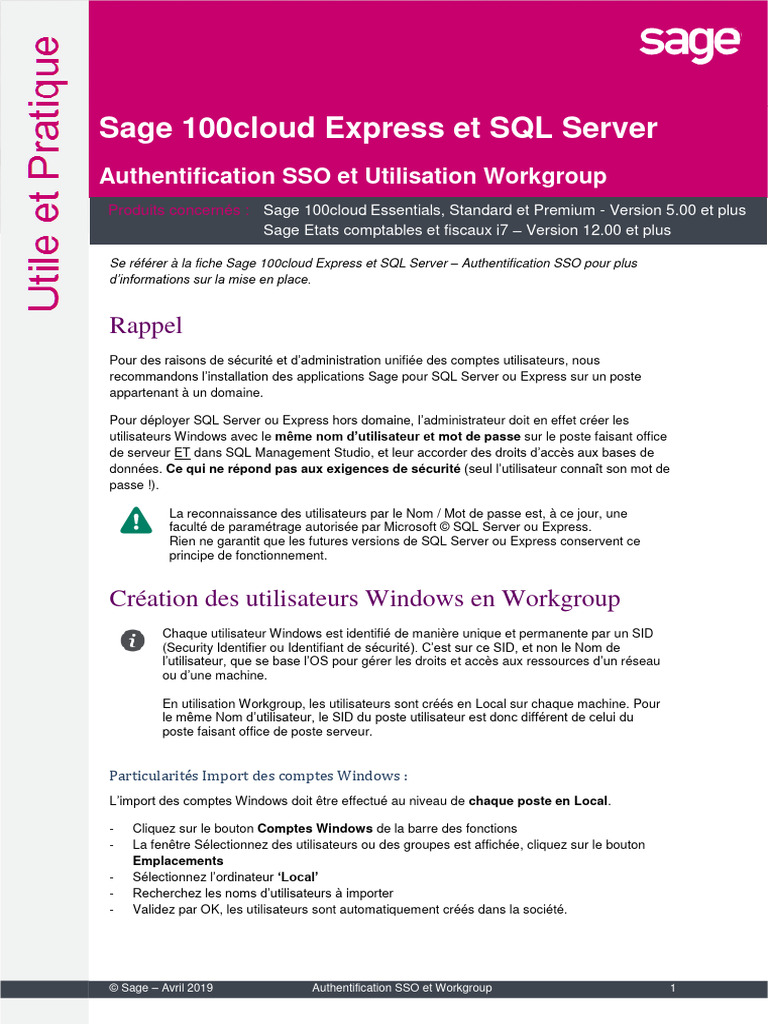 Authentification SSO en Workgroup Sage | PDF | Microsoft SQL Server ...