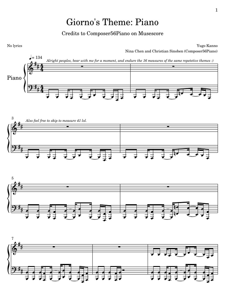 Giorno S Theme Piano Pdf