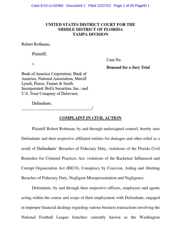 Rothman Complaint (Time-Stamped) | PDF | Bank Of America | Fiduciary