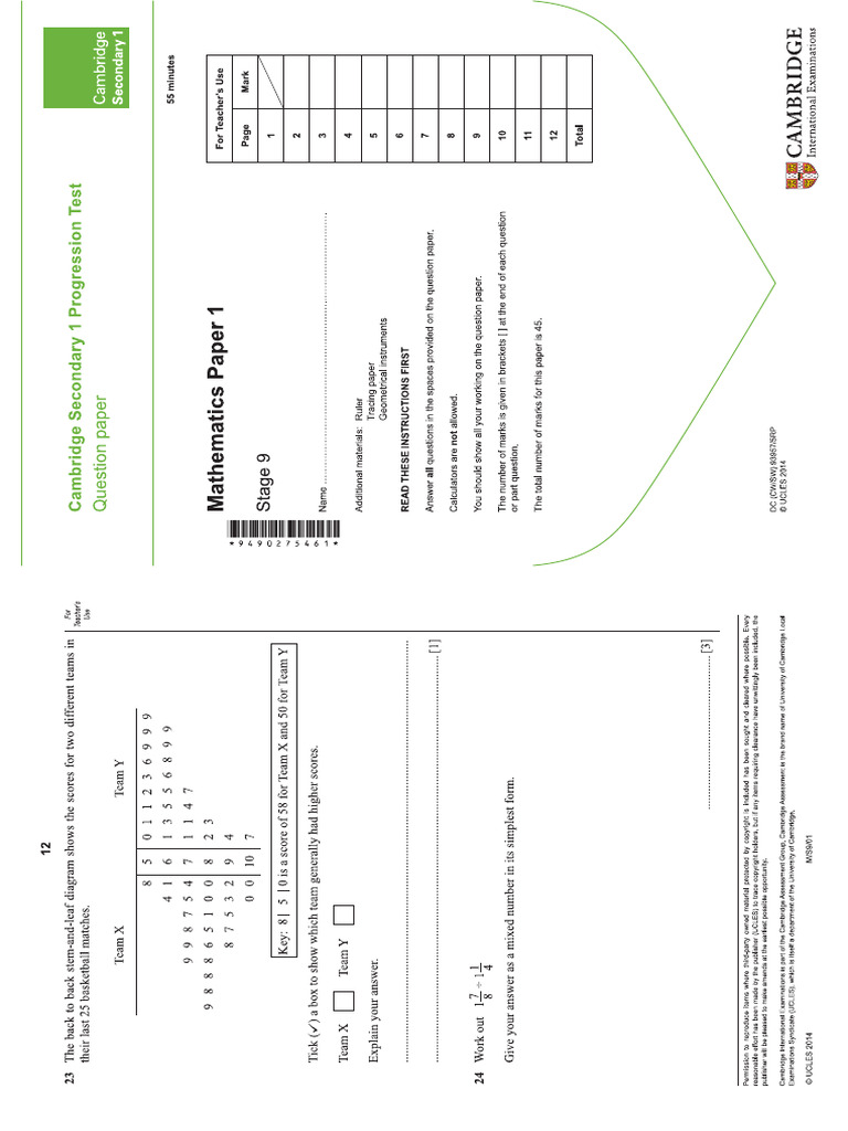 Maths Stage 9 2015 Progression Test Paper 1 Printout Pdf
