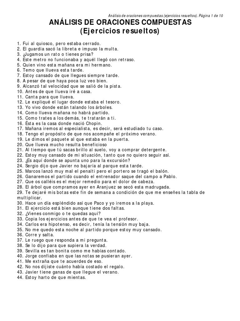 Ejercicios Resueltos de Oraciones Compuestas | PDF | Asunto (gramática ...