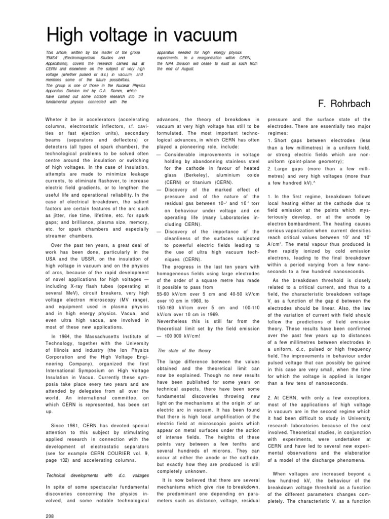 High Voltage in Vacuum CERN PDF Electrical Breakdown High Voltage