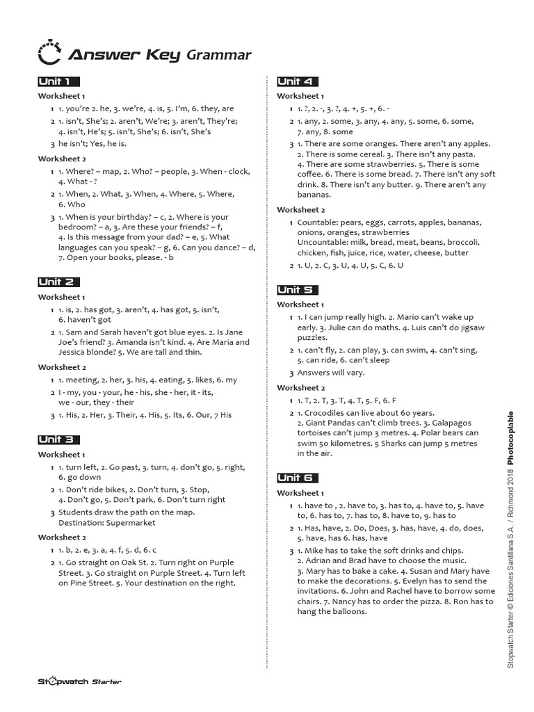 Grammar Answer Key for Worksheets | PDF | Food And Drink | Foods