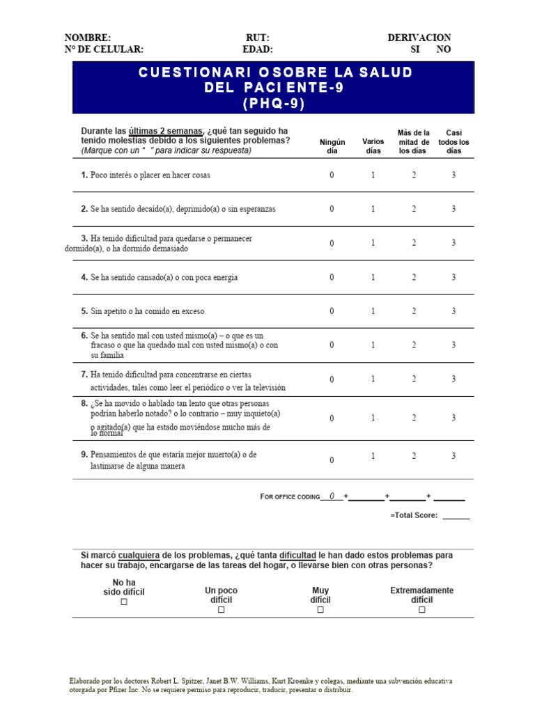 Cuestionario PHQ-9 en Español | PDF