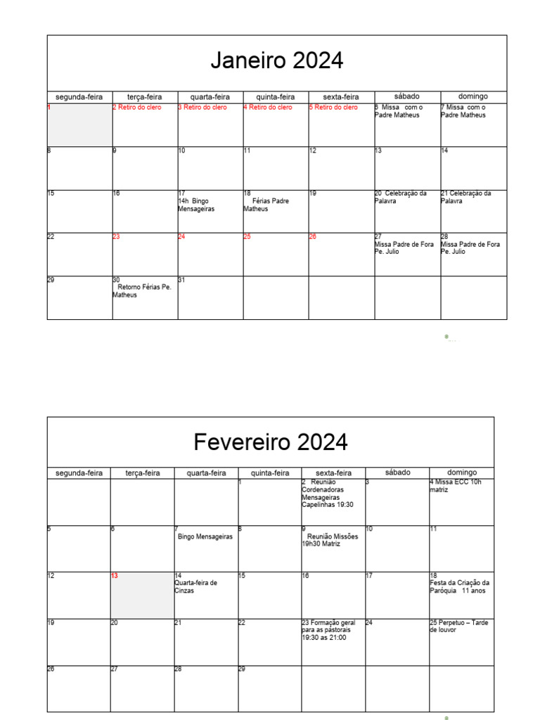 CALENDARIO PAROQUIAL 2024 Atualizado PDF Missa liturgia 
