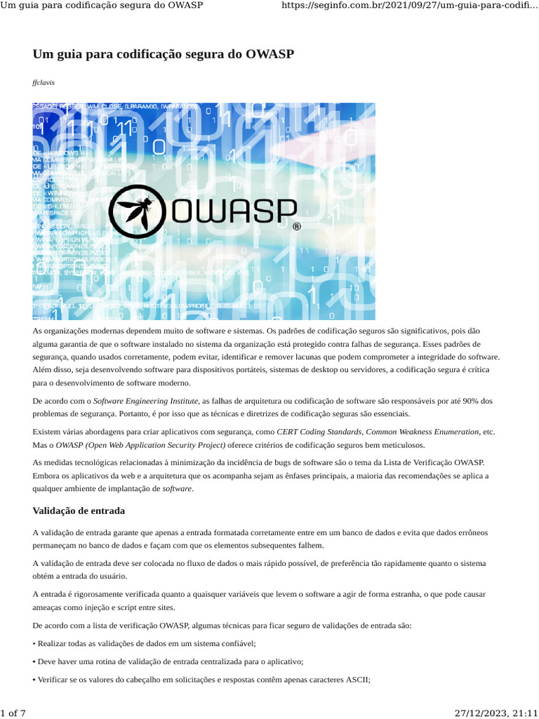 Guia de Codificação Segura OWASP | PDF | Computadores