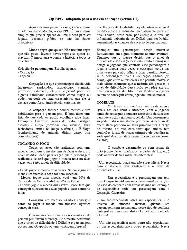 Zip RPG na Educação: Versão 1.2 | PDF | Jogos de RPG