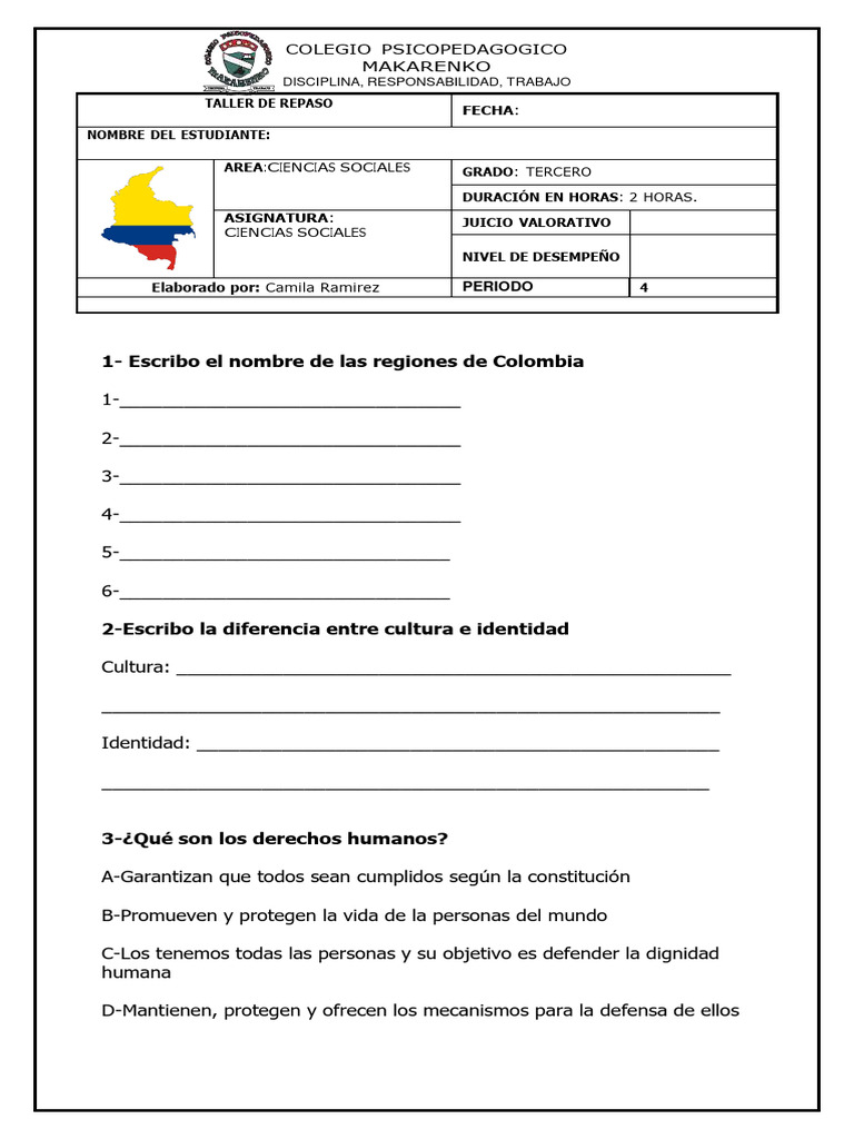 Taller de Repaso de Sociales 3° Primaria | PDF | Colombia | Derechos ...