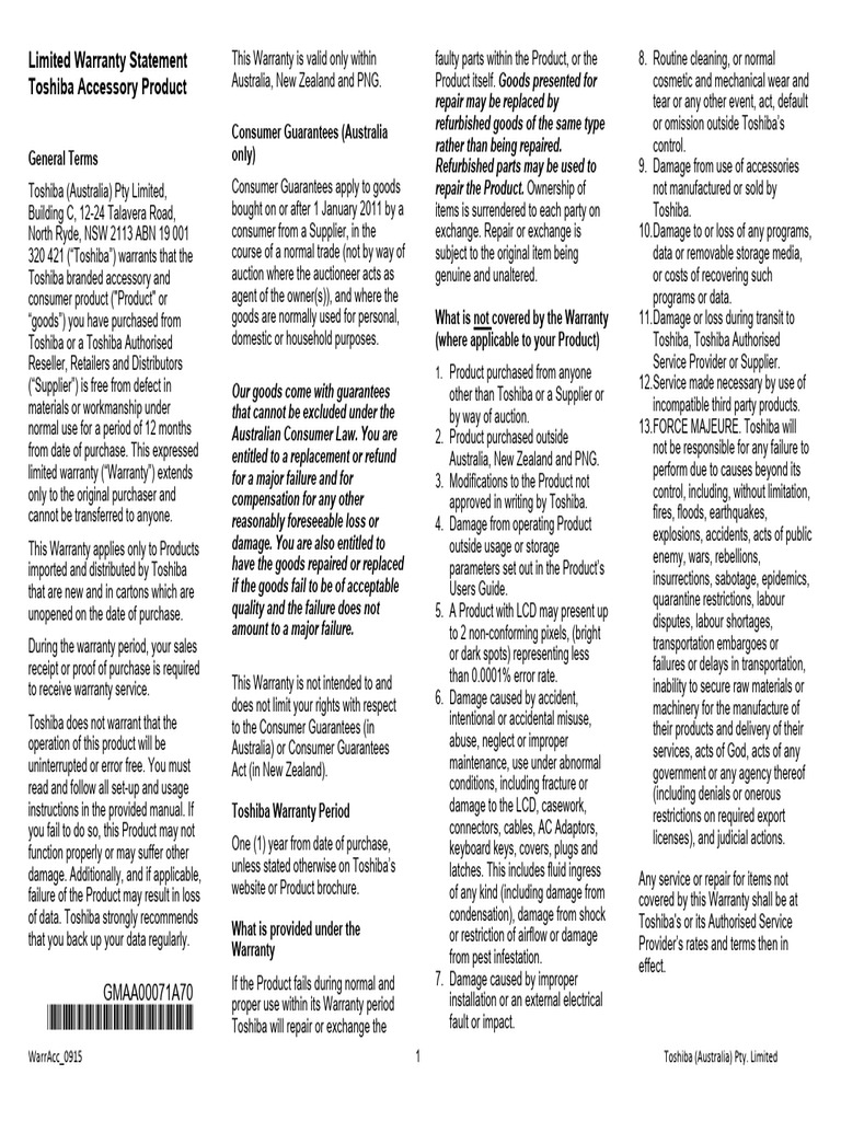 Warranty Card For Australia English PDF Goods Legal Liability