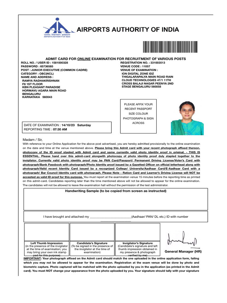 Admit Card for Junior Executive Exam | PDF | Identity Document | Biometrics