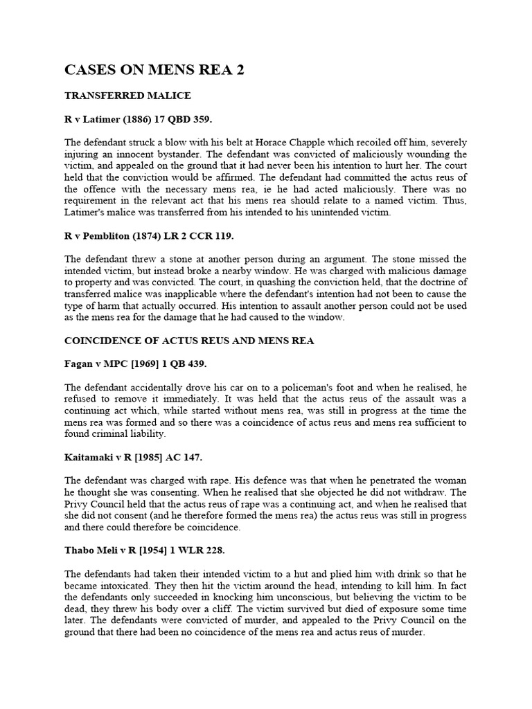 Cases On Mens Rea 2 PDF Mens Rea Malice (Law)