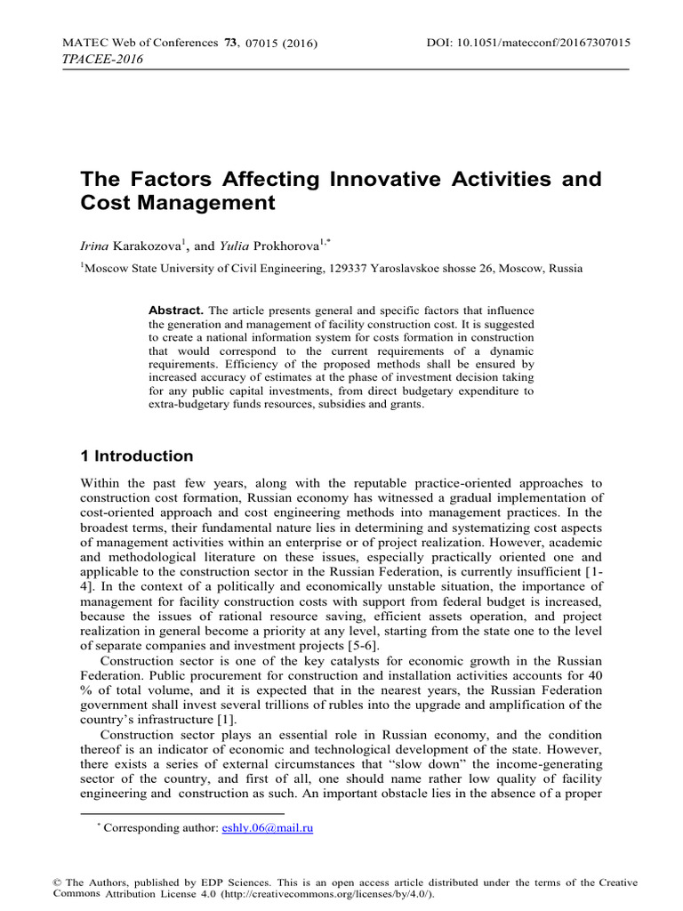 The Factors Affecting Innovative Activities and Cost Management | PDF