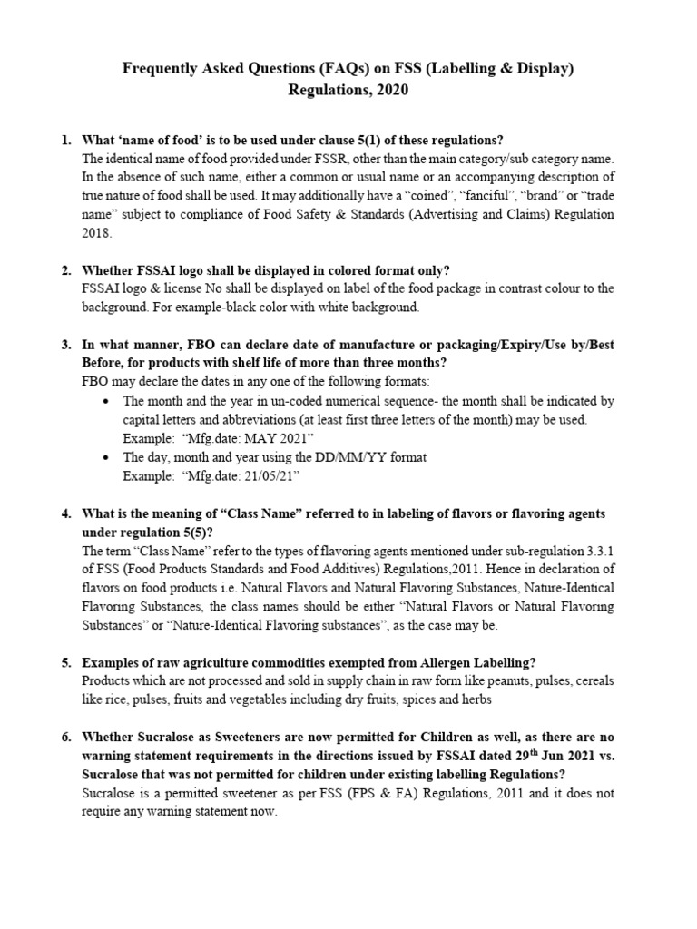 FSSAI Labelling FAQs 2020 | PDF | Foods | Nutrition