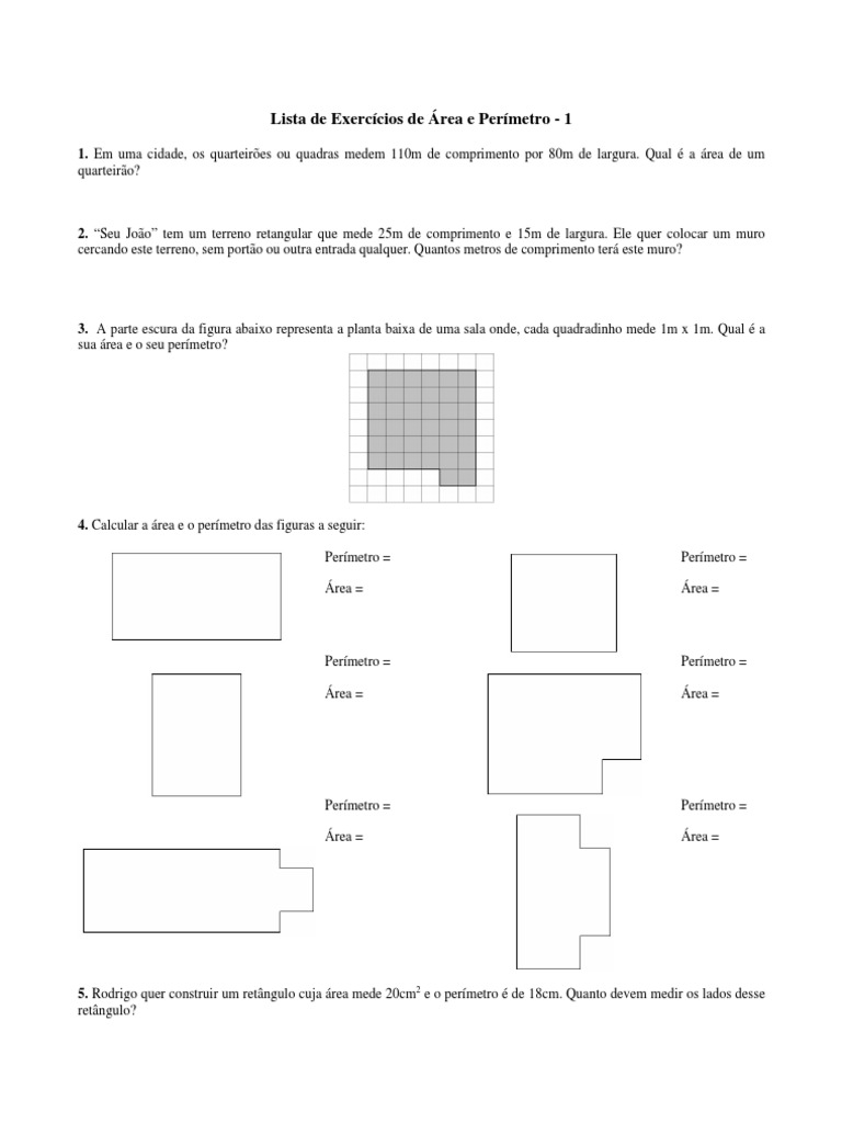 Exercícios de Área e Perímetro 6º Ano | PDF