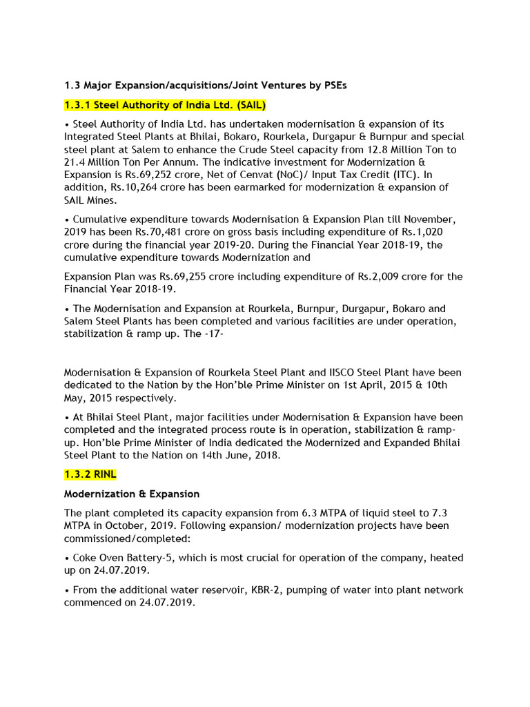 PSEs Major Expansion and Modernization Plans | PDF | Steel | Economies