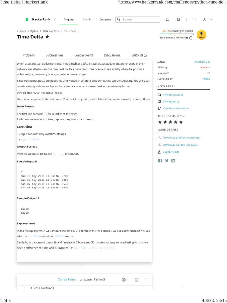 Time delta hackerrank pdf information technology world wide web