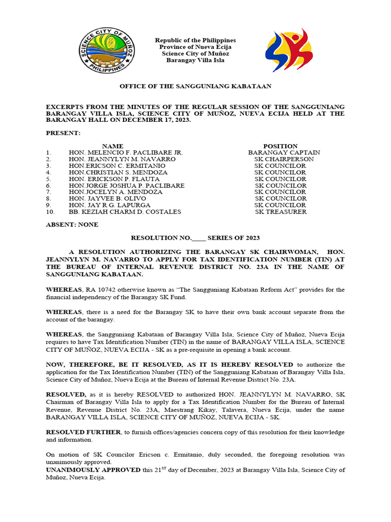 SK TIN Application Resolution in Muñoz | PDF