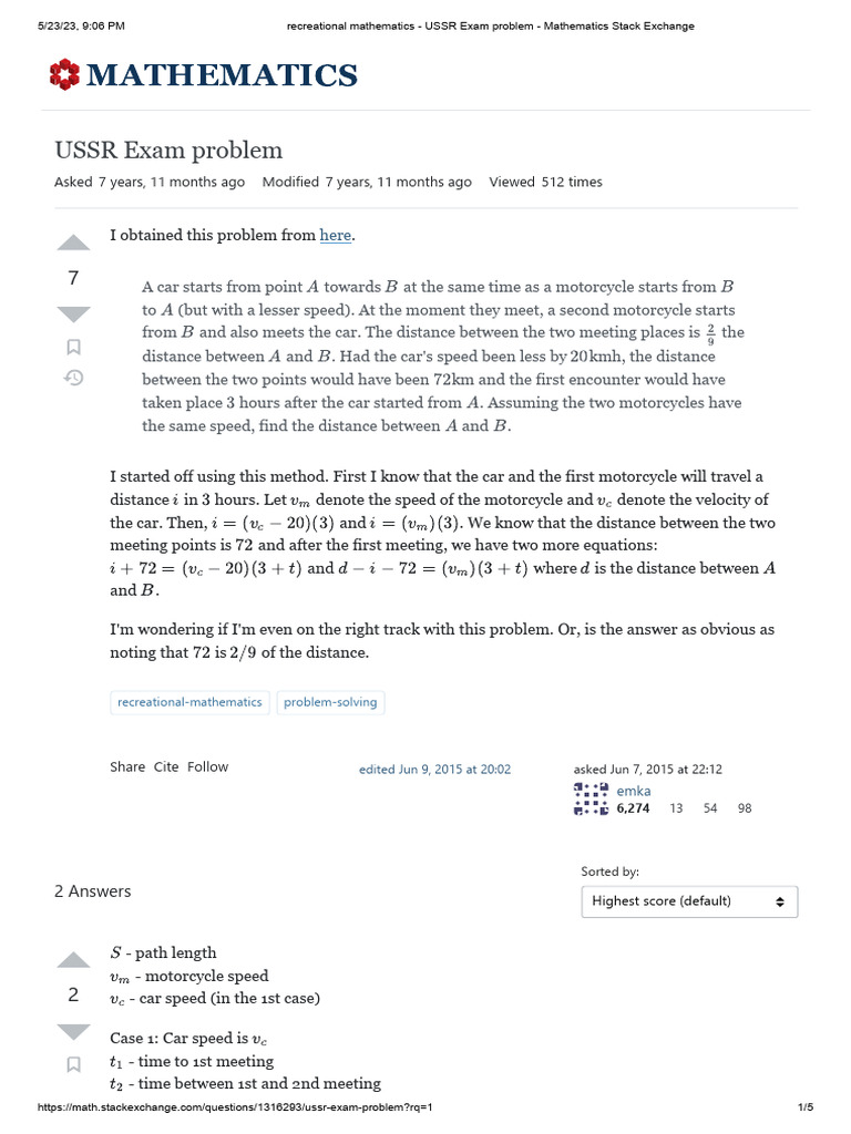 USSR Exam Problem: Car and Motorcycle Distances | PDF | Speed | Mathematics
