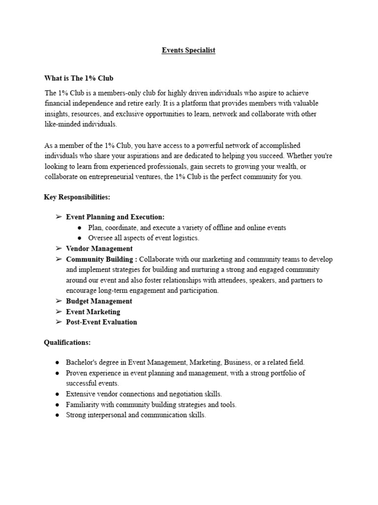 Events Specialist Role at 1% Club | PDF | Marketing | Community