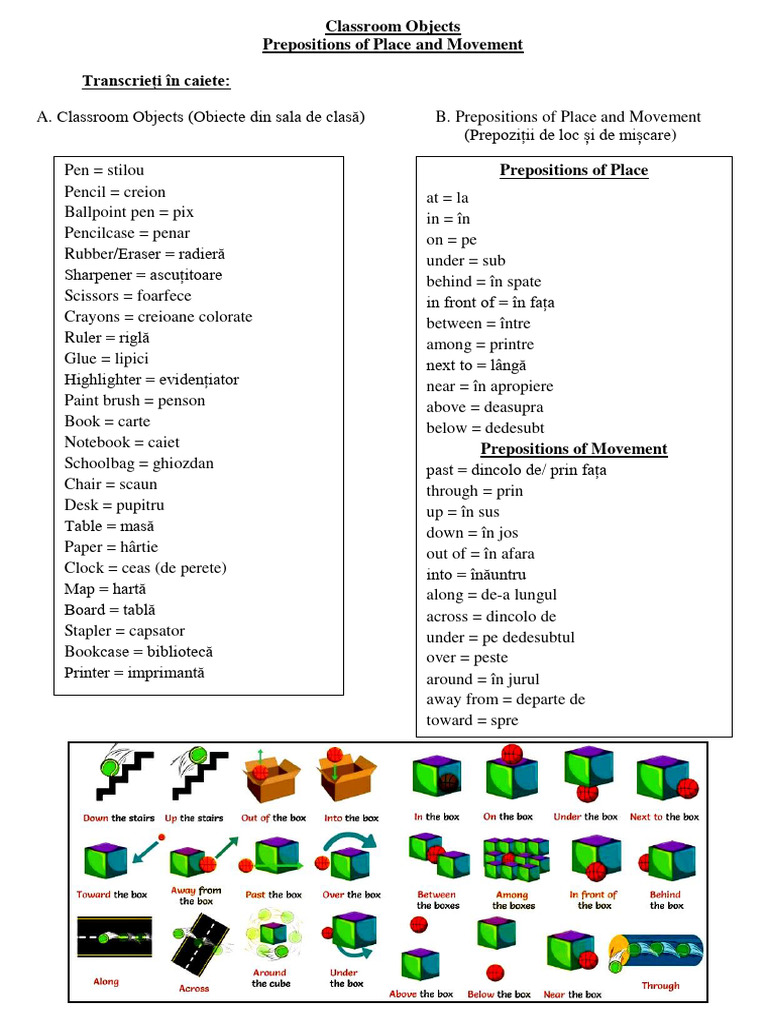 School Objects and Prepositions of Place | PDF