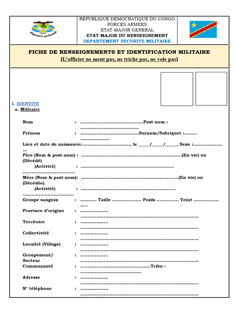 Fiche d'Identification Militaire RDC | PDF | République démocratique du ...
