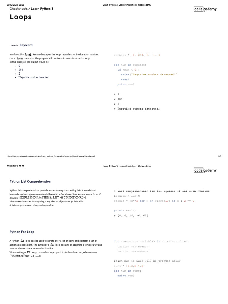 Learn Python 3 - Loops Cheatsheet - Codecademy | PDF