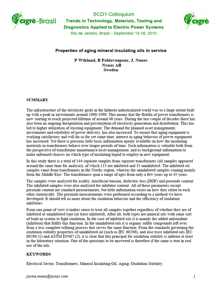 Properties of Aging Mineral Insulating Oils in Service | PDF