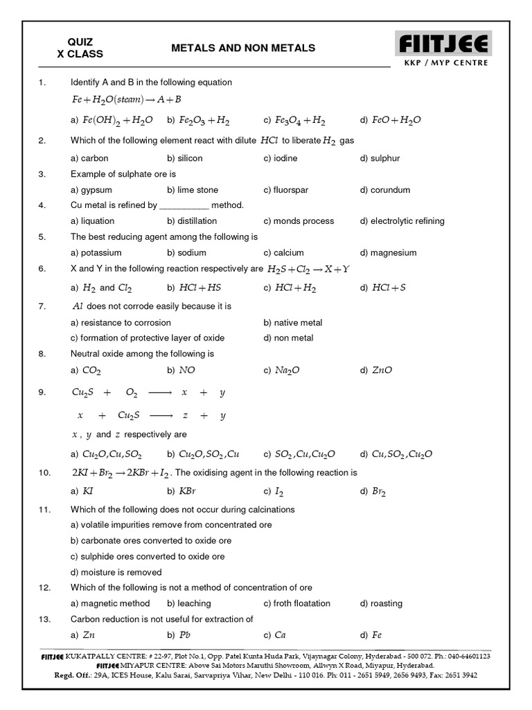 Chemistry 10th class metal and non metals quiz cmd pdf