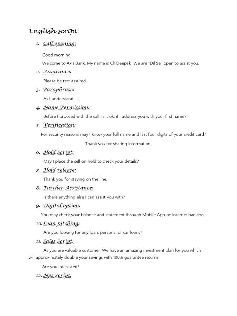Axis Bank Call Script Guide | PDF | Career & Growth
