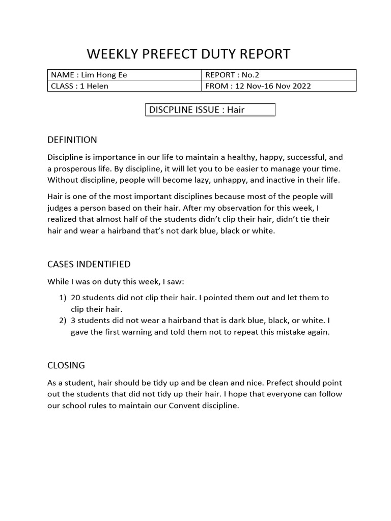 Weekly Prefect Duty Report on Hair Discipline | PDF | Career & Growth
