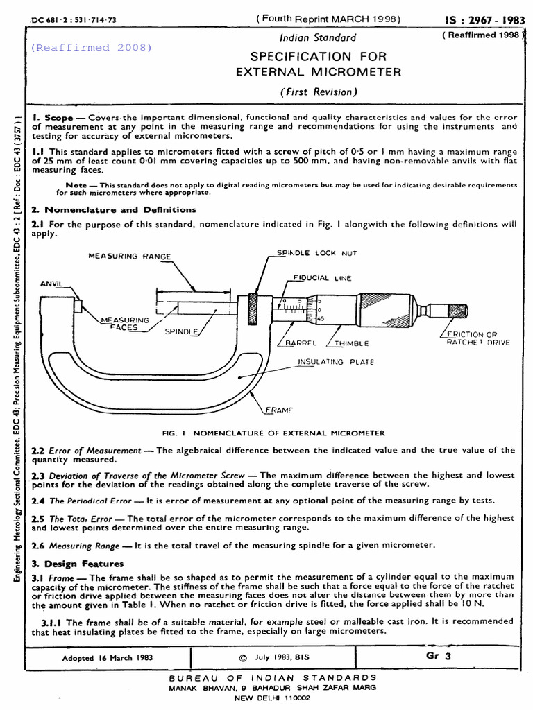 IS 2967: External Micrometer Specs | PDF